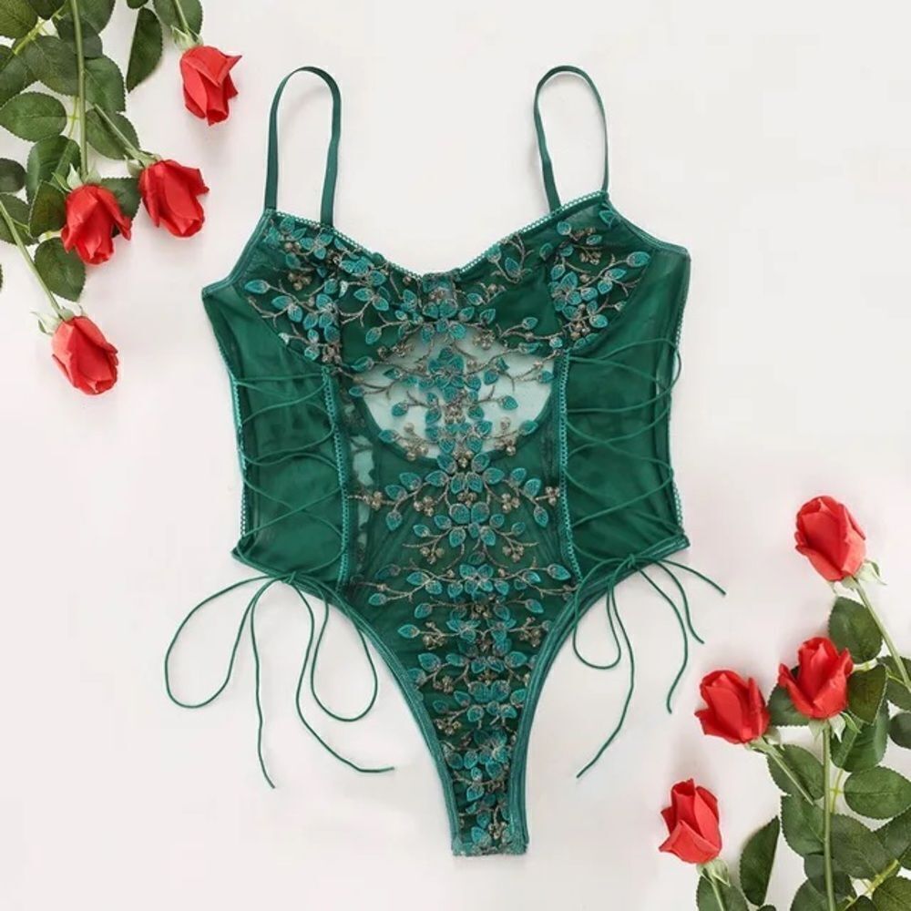 Mesh Sheer Lace-Up Embroidered Teddy Lingerie Snap Crotch Bodysuit